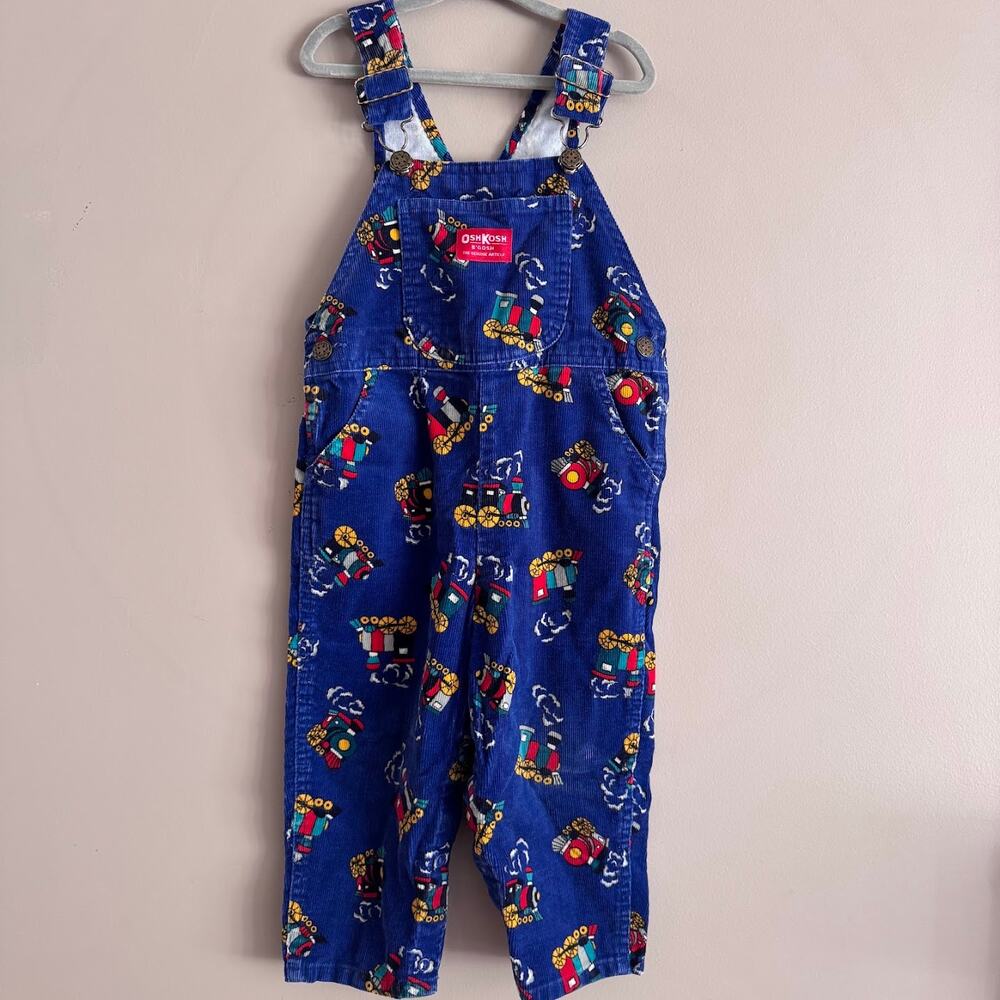 Vintage OshKosh B'Gosh Blue Corduroy Train Print Bib Overalls Kids 3T USA